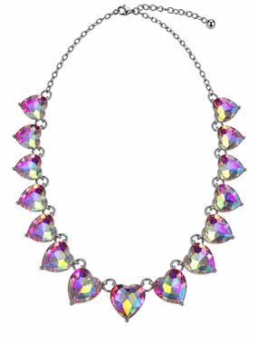 Iridescent Rainbow Crystal Heart Statement Necklace Silver Tone
